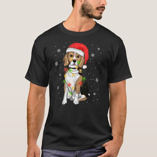 Beagle Santa Hat Xmas Tree Lights Funny Christmas  T-Shirt (Front)