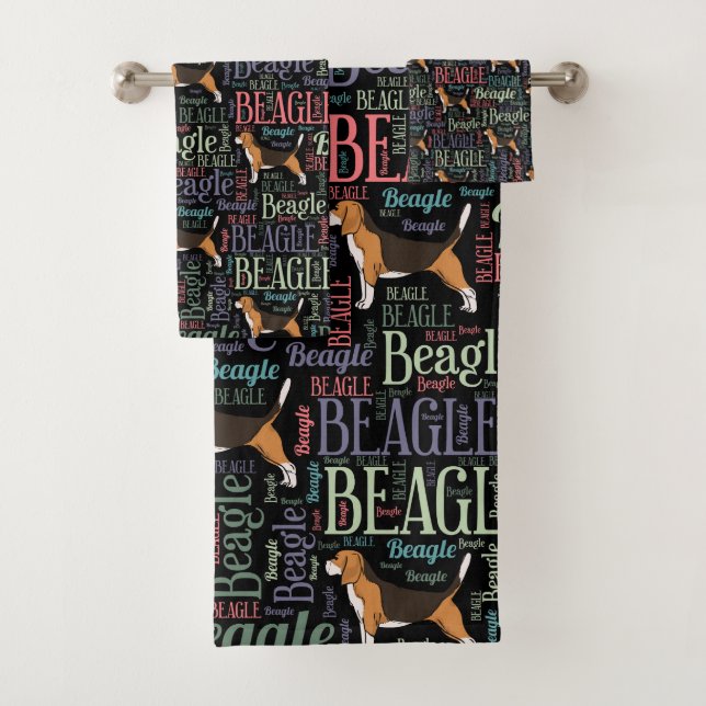 Beagle silhouette and word art pattern bath towel set (Insitu)