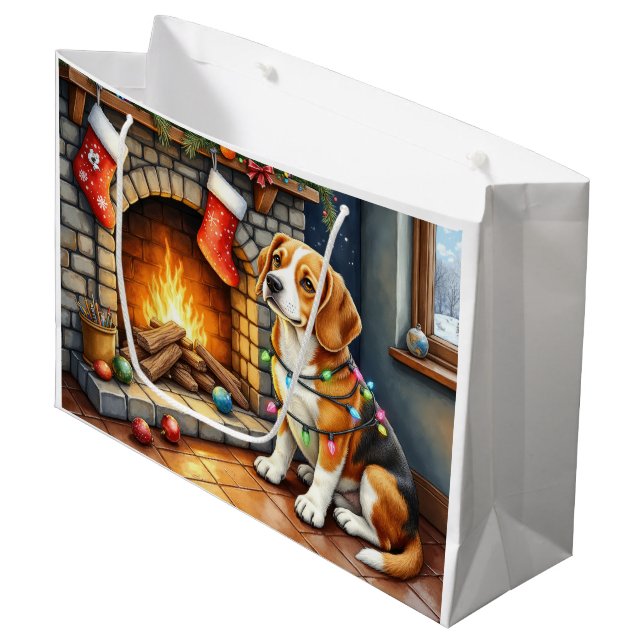 Beagle Sitting by Fireplace with Christmas Lights Large Gift Bag (Front Angled)