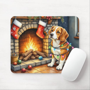 Beagle Sitting by Fireplace with Christmas Lights Mouse Mat