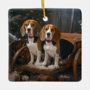Beagle Snowy Sleigh Christmas Decor Ceramic Ornament