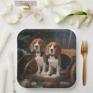 Beagle Snowy Sleigh Christmas Decor Paper Plate