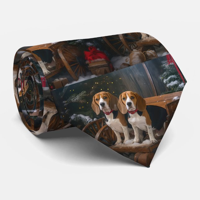 Beagle Snowy Sleigh Christmas Decor  Tie (Rolled)