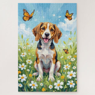 Beagle Spring Meadow Floral Dog Jigsaw Puzzle