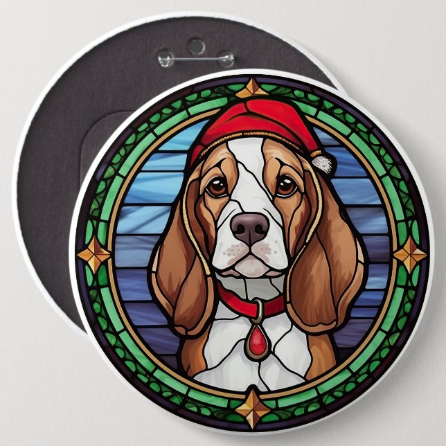 Beagle Stained Glass Christmas 6 Cm Round Badge (Front & Back)