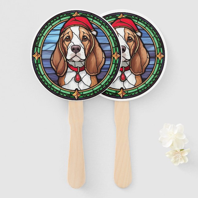 Beagle Stained Glass Christmas Hand Fan (Front and Back)