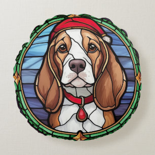 Beagle Stained Glass Christmas Round Cushion