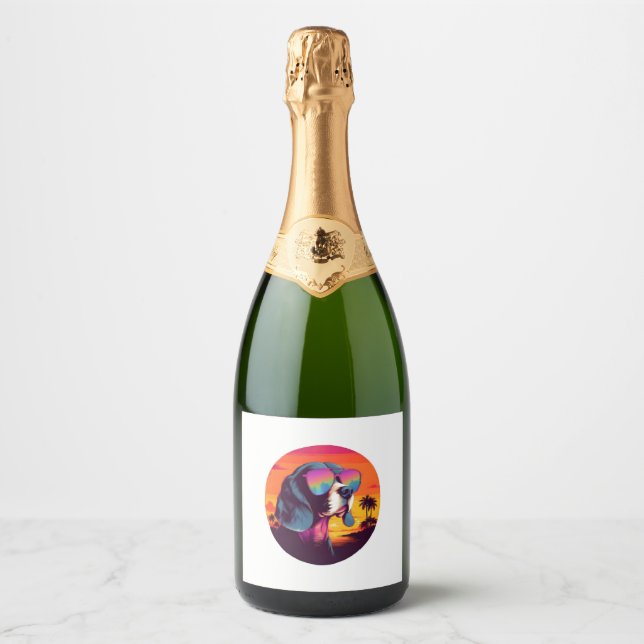 Beagle Sunset Background Shirt, Beagle Mum, Beagle Sparkling Wine Label (Front)