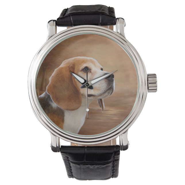 Beagle Vintage Leather Strap Watch, Black Leather Watch (Front)