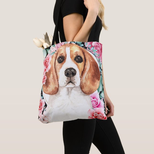 Beagle watercolor dog face rose wreath art tote bag (Close Up)