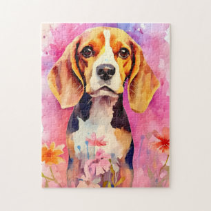 Beagle with flowers Watercolor Jigsaw Puzzle