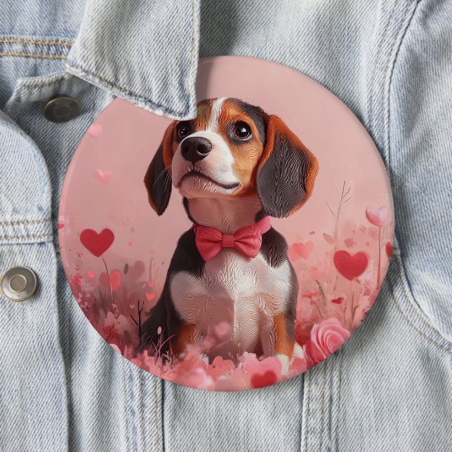 Beagle with Roses - Valentine's Day 6 Cm Round Badge (In Situ)