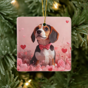 Beagle with Roses - Valentine's Day Ceramic Ornament