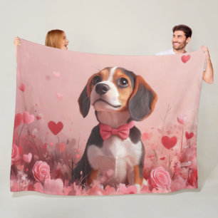 Beagle with Roses - Valentine's Day Fleece Blanket