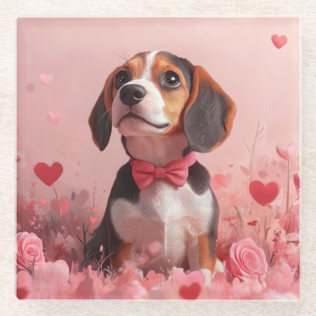 Beagle with Roses - Valentine's Day Glass Coaster (Front)