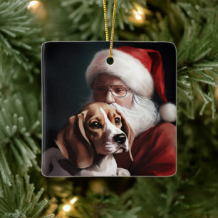 Beagle With Santa Claus Festive Christmas Ceramic Ornament