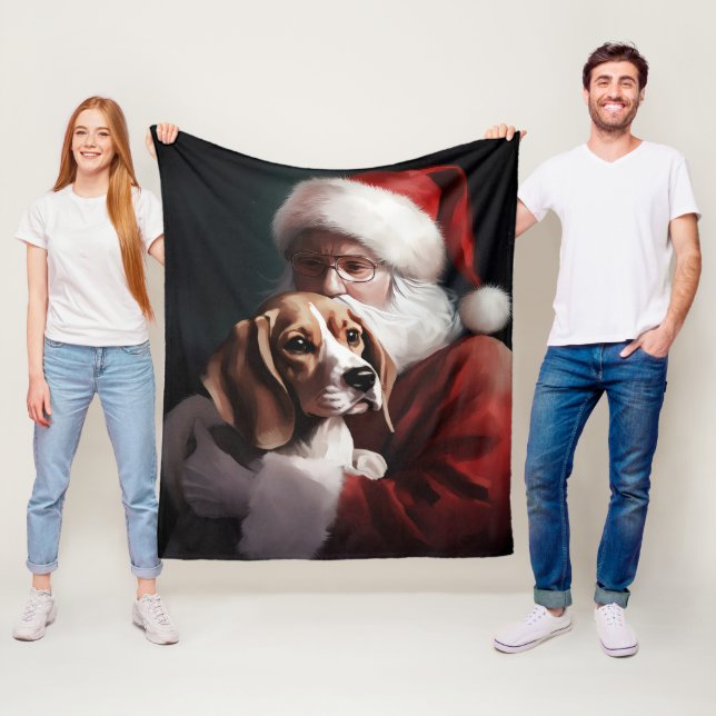 Beagle With Santa Claus Festive Christmas Fleece Blanket (In Situ)