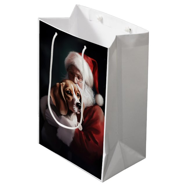 Beagle With Santa Claus Festive Christmas Medium Gift Bag (Front Angled)