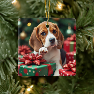 Beagle Wrapping Gifts Christmas Painting Ceramic Ornament