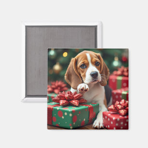 Beagle Wrapping Gifts Christmas Painting Magnet