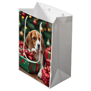Beagle Wrapping Gifts Christmas Painting Medium Gift Bag