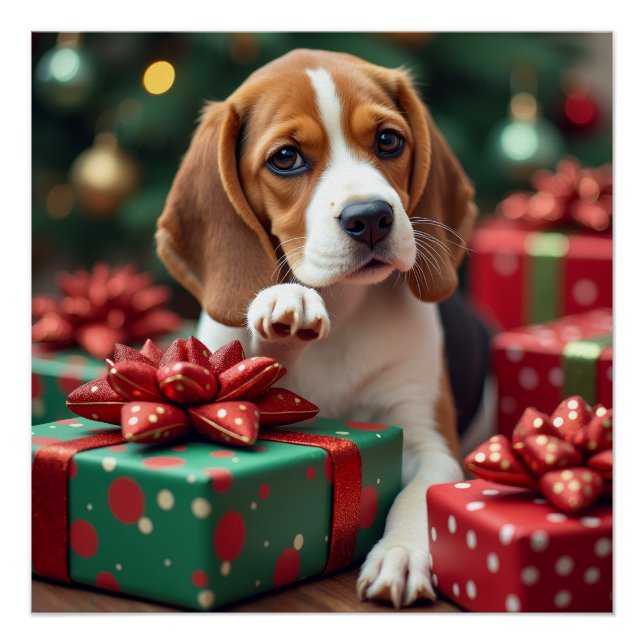 Beagle Wrapping Gifts Christmas Painting Poster (Front)
