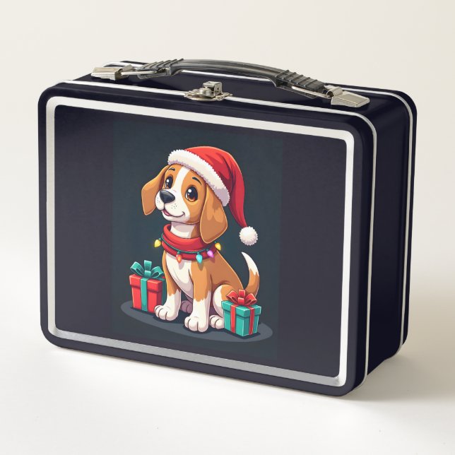 Beagle Xmas Lighting Santa Beagle Dog Christmas Ta Metal Lunch Box (Front)
