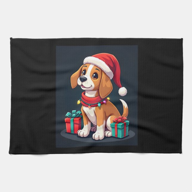 Beagle Xmas Lighting Santa Beagle Dog Christmas Ta Tea Towel (Horizontal)
