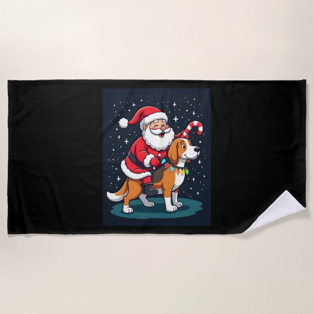 Beagle Xmas Lighting Santa Riding Beagle Dog Chris Beach Towel (Front)