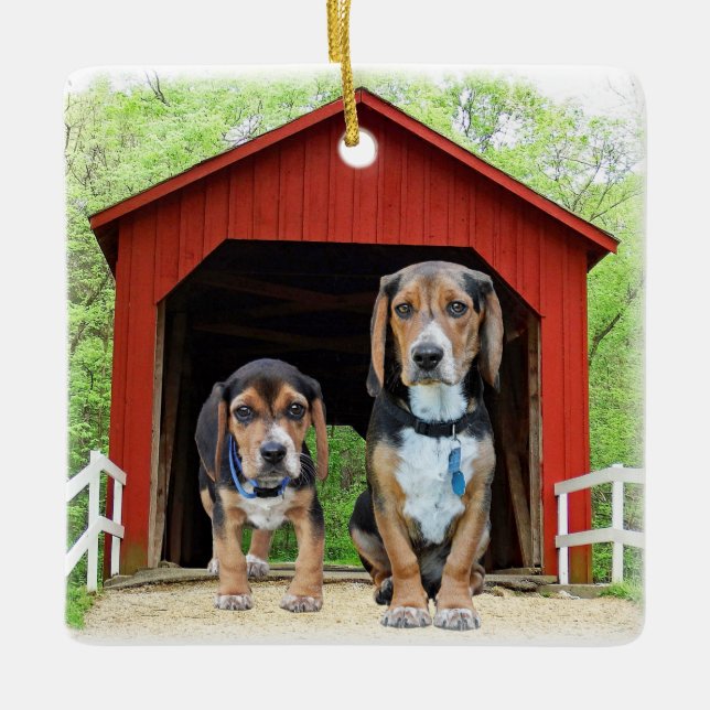 Beagles At The Covered Bridge Ceramic Ornament (Front)