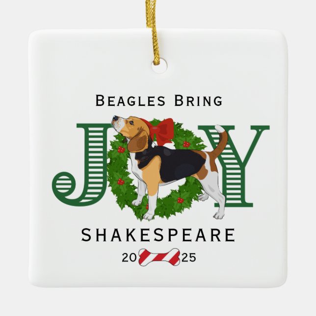 Beagles Bring Joy Wreath Ceramic Ornament (Front)