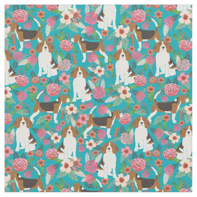 Beagles Flowers Fabric - Turquoise (Close Up)