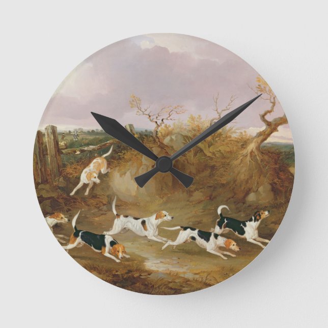 Beagles in Full Cry, 1845 (oil on canvas) Round Clock (Front)