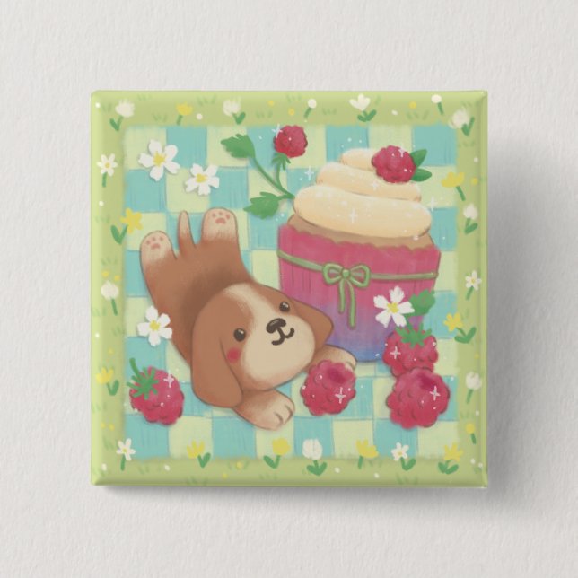 Beagle's Picnic Day with Raspberry Cupcake 15 Cm Square Badge (Front)