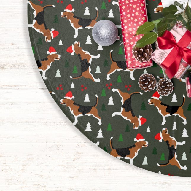Beagles Santa Hat Christmas Tree Pattern Brushed Polyester Tree Skirt (Beagle Dogs in Santa Hats Christmas Tree Skirt)