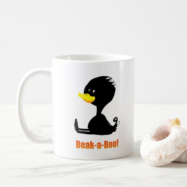 Beak-a-Boo! Cute Cartoon Duck with Funny Pun Coffee Mug (With Donut)