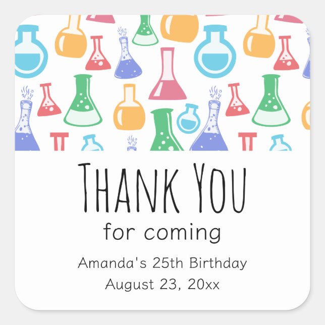 Beakers and Flasks Fun Pattern Birthday Square Sticker (Front)