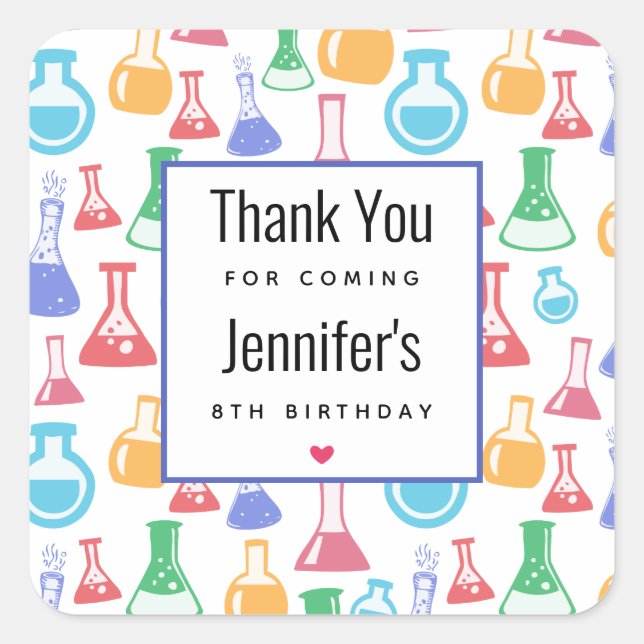 Beakers and Flasks Fun Pattern Party Thank You Square Sticker (Front)