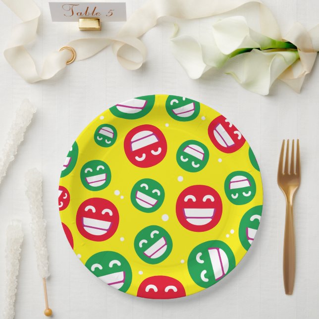 Beaming Face Smiling Eyes Emojis Red Green Yellow Paper Plate (Wedding)