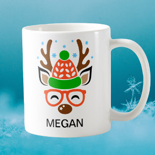 Beanie & Glasses Holiday Antlers Reindeer Face Coffee Mug