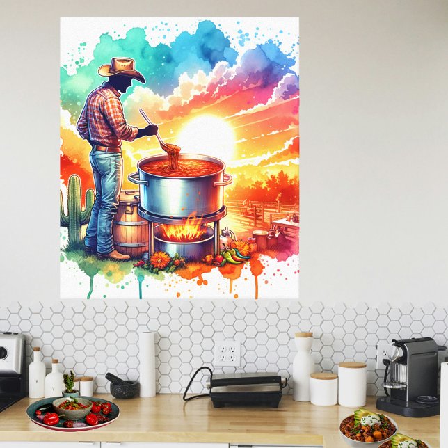 Beans or No Beans Chilli Cooking Cowboy 1 Canvas Print (Chili Cookoff Collection Wall Art. )