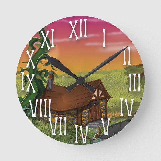 Beanstalk Cottage Cartoon Round Clock (Front)
