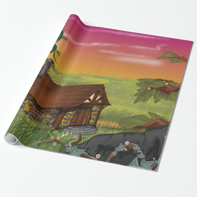 Beanstalk Cottage Cartoon Wrapping Paper (Unrolled)