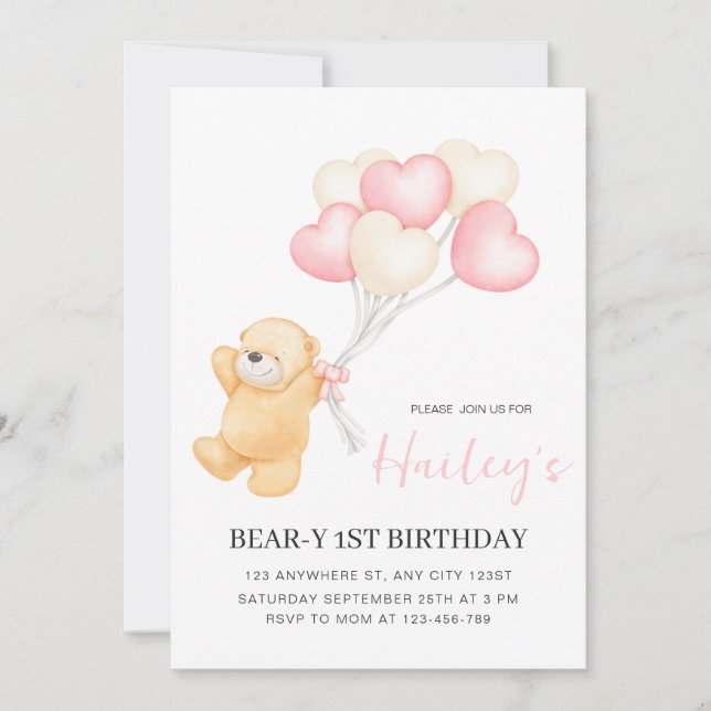 Bear 1st Birthday Invitation, Girl First Birthday  Invitation (Front)