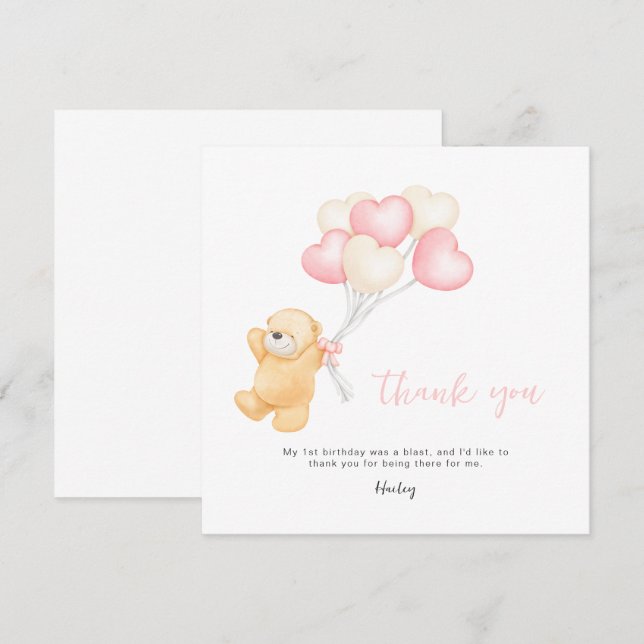 Bear 1st Birthday Invitation, Girl First Birthday  Thank You Card (Front/Back)