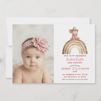 Bear 1st Birthday Sweet Bohemian Pink Bow Arc Invitation