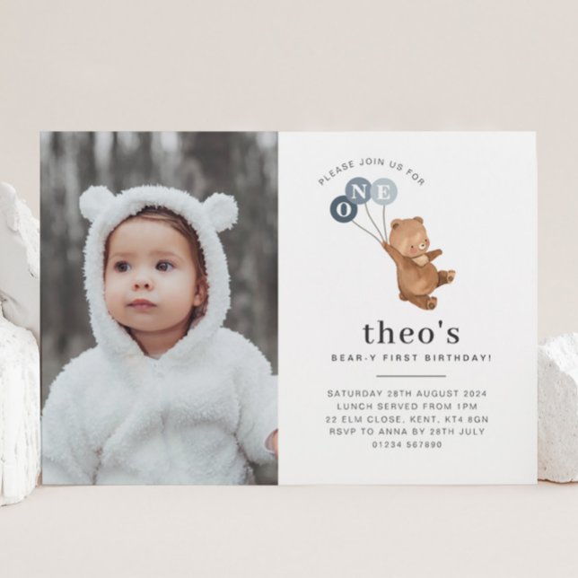 Bear 3 Blue Balloons Photo 1st Birthday Invitation (Creator Uploaded)