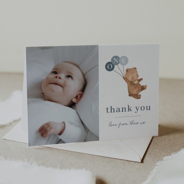 Bear 3 Blue Balloons Photo Thank You Card (Creator Uploaded)