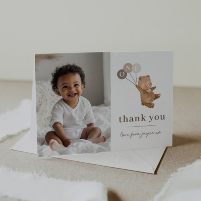 Bear 3 Brown Balloons Photo Thank You Card (Creator Uploaded)