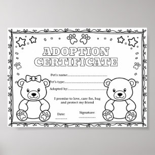 Bear adopt a pet colouring certificate poster